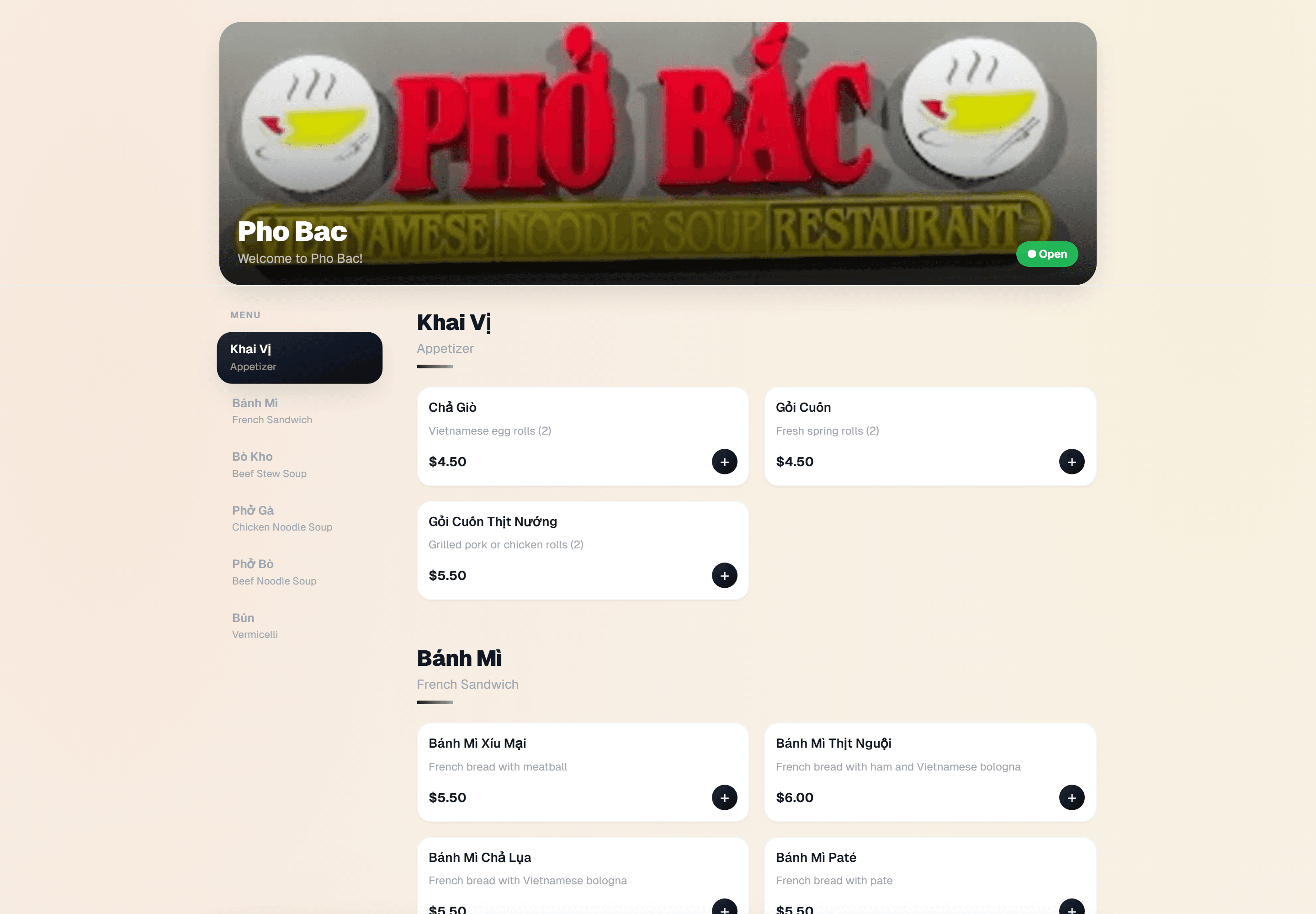 Phở Bắc's live ordering menu on myorda